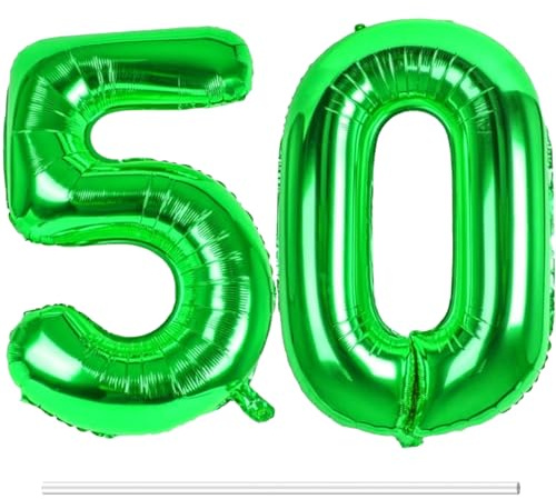 LAPONO Luftballon 50 Grün, XXL Zahlen Folienballon zum 50. Geburtstag | Deko für Frauen und Männer, Aluminiumfolie, selbstschließendes Ventil, Aufblashalm inklusive, Aufhängelöcher, Metallic-Optik