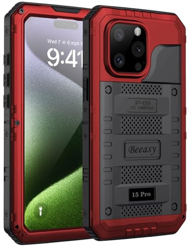Beeasy für iPhone 15 Pro Hülle Wasserdicht Outdoor Stoßfest Metall Schutzhülle, Militär 360 Grad Panzerhülle Staubdicht mit Displayschutz Robust Hardcase Heavy Duty Handyhülle Case 6,1, Rot