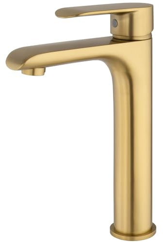 VALAZ Grifo Lavabo Dorado Cepillado Protección PVD Alto Pica | Grifo Monomando Lavabo, Mezclador Agua Fría y Caliente, Ahorro de Agua | Instalación Facil | Latón, Inoxidable, Oro Mate, Serie Turia
