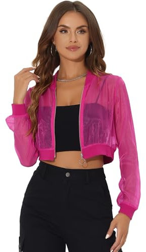 Allegra K Bomber Jacket for Women's Long Sleeve Crop Mesh Sheer Jackets Hot Pink XS