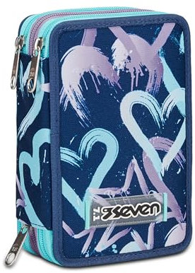 Seven Astuccio Scuola 3 Zip, Viola Verde Acqua, Crystal Purple, Portapenne Triplo Scomparto Completo Di Penne, Matite, Colori, Accessori Zaino, Elementari, Medie, Bambina