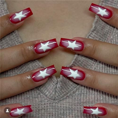 White Stars Fake Nail Long Coffin Press on Nails Red French Tips Nail Art Decoration for Women and Girls Manicure 24pcs
