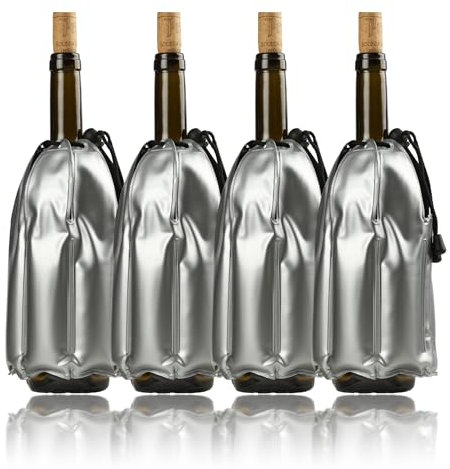 H HANSEL HOME Enfriador de Botellas de Vino con Gel - Rápido y Fácil, PVC Color Plata, Diámetro 11cm, Altura 21.5cm, Banda Elástica, 4 unidades