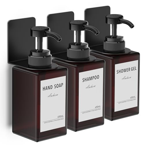 Anhow 3er Seifenspender Wandbefestigung Set, 450ml Seifenspender Wand Ohne Bohren Kunststoff Spülmittelspender mit 16pcs Wasserdichten Etiketten für Küche und Badezimmer - Braun