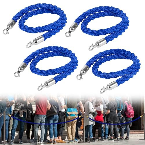 Personenleitsystem Absperrkordel 4 Stück Samtseile Blau, Warteschlangensperrenstützseil, VIP-Hängeseil, Roter Teppich, Seildekor, Samtpfostenseil für Kinos ( Color : Braided-Silver Hook , Size : 1.5m/