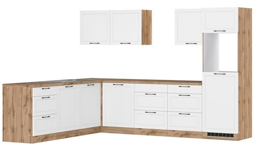 Lomadox Winkelküche Küche Einbauküche Küchenzeile L-Form 300/240 cm in weiß und Eiche, Arbeitsplatte in Eiche