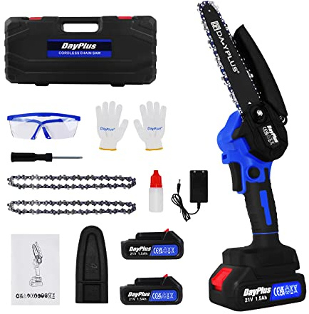 Mini Kettensäge Bürstenlose 6 Zoll mit 2 * 1.5Ah Batterien und 2 Ketten, Tragbare Elektrische Kettensäge Akku für Baumzweige, Hof, Haushalt, Garten (inkl. Tragetasche, Handschuhe)