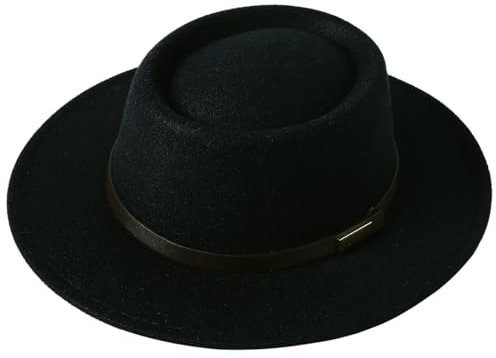 HIQIU Klassischer Retro Britischer Stil Schwarz Cowboyhut für Herren Damen Breite Krempe Jazz-Westernhut mit Gürteldekor (DE/NL/SE/PL, Numerisch, 56, 58, f-Schwarz)