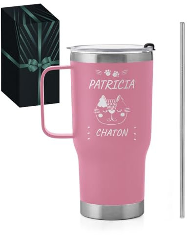 Maverton Mug Isotherme Personnalisable Rose en Acier Inoxydable 600 ml - Gobelet Isotherme avec Paille et Boîte Cadeau - avec brosse de nettoyage - Cadeau Femme Anniversaire chat