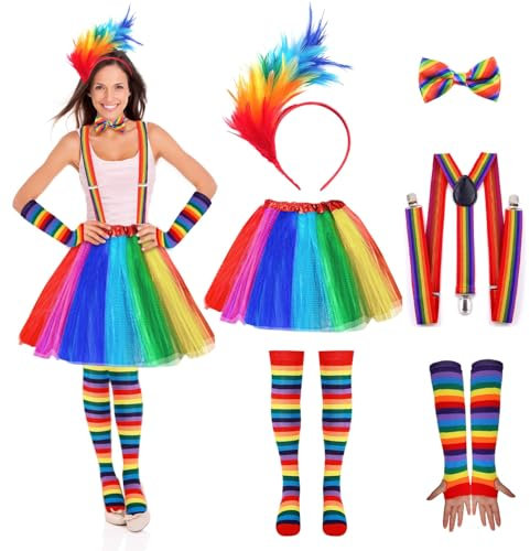 ZABARE 6er Karneval Kostüm Damen Regenbogen Tüllrock mit Feder Haarreif Stirnband Riemen Kniestrümpfe Beinwärmern Handschuhen Regenbogen Kostüm für Karneval Halloween Fasching Mottoparty