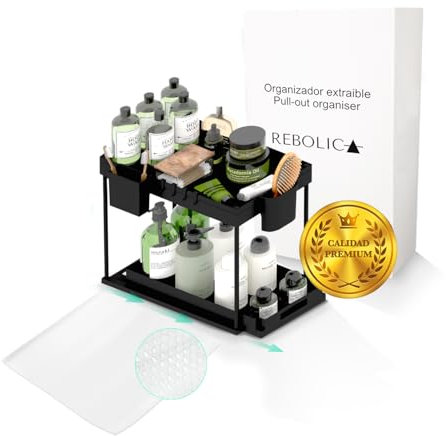 REBOLICA Organizador Bajo Fregadero 2 Niveles Extraíble – Estante Multifuncional para Cocina y Baño con Cestas, Ganchos y Rollo Protector EVA – Ahorra Espacio y Mantén Todo Organizado