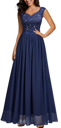 MIUSOL Women's Double V Neck Sequin Lace Chiffon Evening Prom Party Wedding Maxi Dress (Large, Navy Blue)