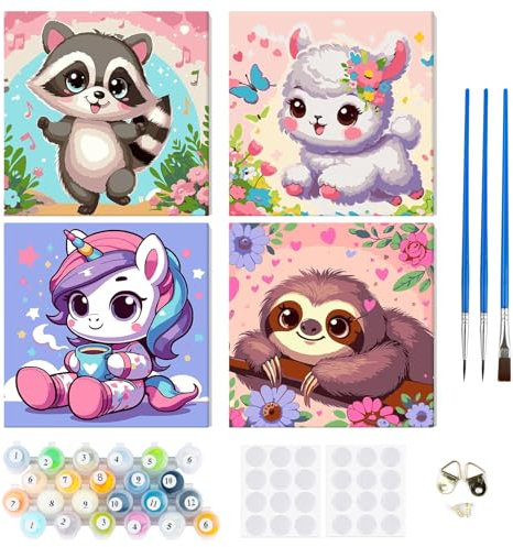 RICUVED 4 Pcs Pintar por Números Animales 20x20cm para Adultos con Marco de Madera -Animales Kit Completo de Pintura al Óleo, Pinceles y Lienzo para Crear y Decorar Tu Propio Cuadro