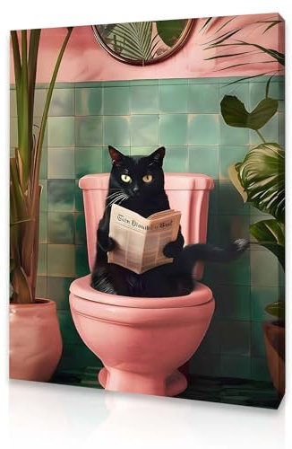 Qiukoo Funny Cat Toilet Picture – Framed Bathroom Sign with Hooks, Humorous Wall Art for Bathroom Decor, Quirky Cat Wall Artwork for Toilet or Guest Loo,12x16 Inch