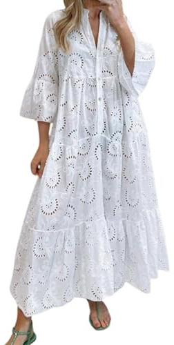Oyuchga Robe longue d'été brodée pour femme - Grandes tailles - Manches 3/4 - Col en V - Creux - Brodée - Couleur unie - Longue robe chemisier - Crochet - Dentelle - Robe décontractée
