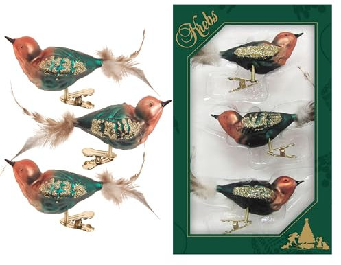 Krebs Glas Lauscha - Weihnachtsdekoration/Christbaumschmuck aus Glas - Vögel auf Clip - Farbe: grün/braun - 3 Stück - Größe: ca. 11 cm