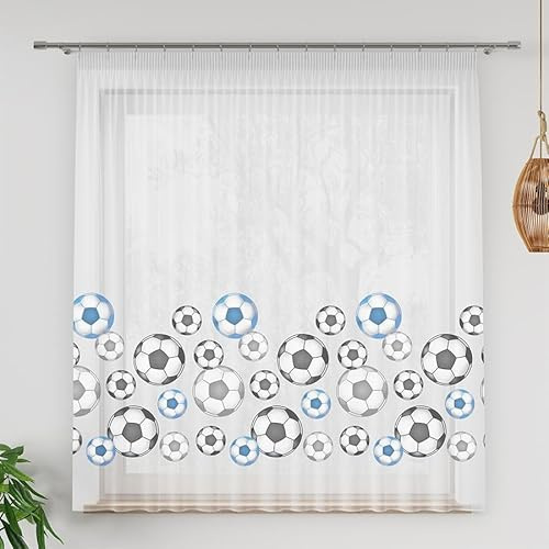 Gardinen Vorhangen Weiß/Blau Voile 400x150 cm (BxH) Wembley Kinder Gardine Mit Bunten Fußbällen Fröhliches Design