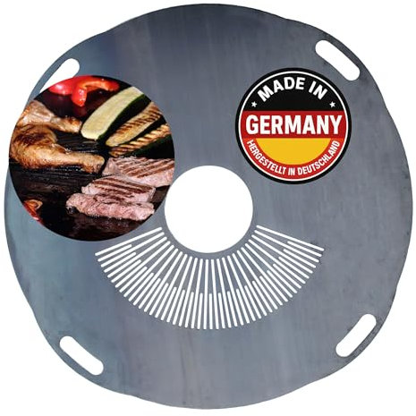 summersbay Premium Feuerplatte 80 cm - 5mm dick - Grillring & BBQ-Platte (mit Feinem Grillrost) & 4 Handgriffen - Ultimatives Grilldisk-Erlebnis für Feuertonnen & Feuerring