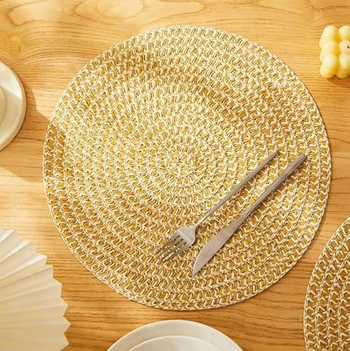comfoyar Tischsets Rund Geflochten 6er Set, rutschfeste Papier Gewebte Platzsets, Hitzebeständige Platzdeckchen für Innen, Küche, Fest, Hochzeit, Esszimmer Dekoration (Gelb Weiß, 38cm)
