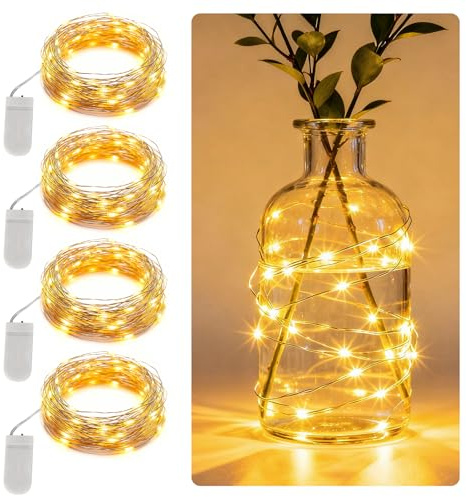 Jixviqi LED Mini Lichterkette mit Batterie – 4er Set, 2M Micro Lichterkette Wasserdicht, 20 LEDs Klein Drahtlichterkette für Party, Weihnachten, Hochzeit, Geschenke Deko (Warmweiß)