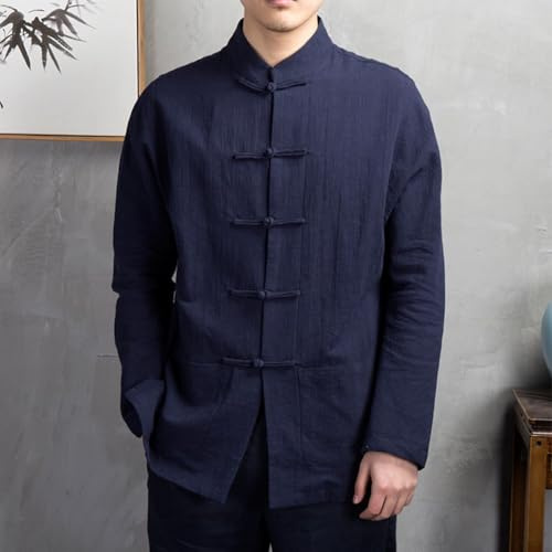 Manteau chinois pour homme Kung Fu Tai Chi Tang Costume Uniforme Veste Chemise à manches longues boutonnée pour printemps automne Tenue décontractée (2XL Bleu marine)