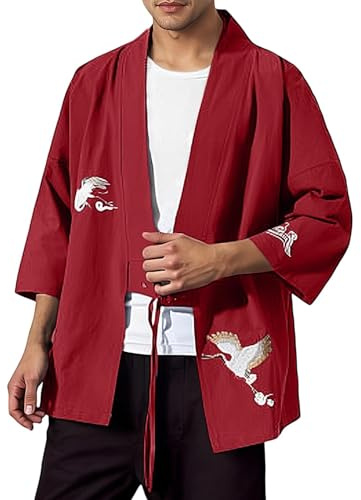 Mymyguoe Yukata Herren Japanischer Kimono Mantel Bademantel Kimono Oberteil Strickjacke Cardigan Open Front Mäntel Sommer Jacke Japan Happi Kimono Shirts Tops Haori Übergangsjacke Kimono Hemd