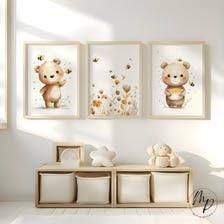 Generisch 3er Poster-Set Bär mit Biene fürs Babyzimmer A4 A3- Wandbilder Waldtiere - Wanddeko für Mädchen und Jungen - Wandkunst fürs Kinderzimmer (DIN A4)