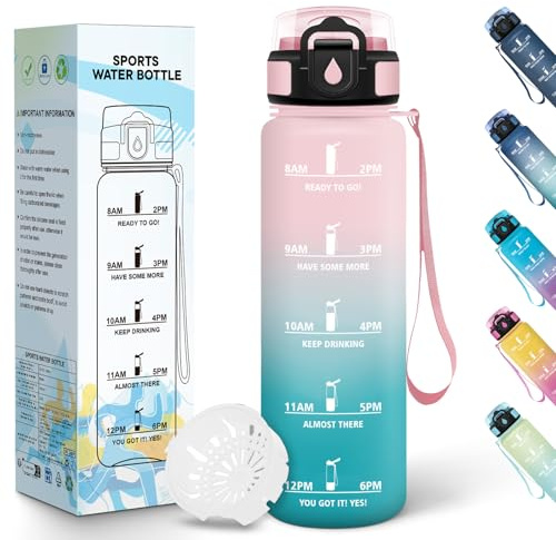 Baramumu Gourde, 1000ML Sans BPA, Gourde de Sport, Conception de Verrouillage Anti-Fuite, Bouteille, Avec Horodatage, Bouteille Eau pour Yoga, Exercice, Randonnée - Rose&cyan
