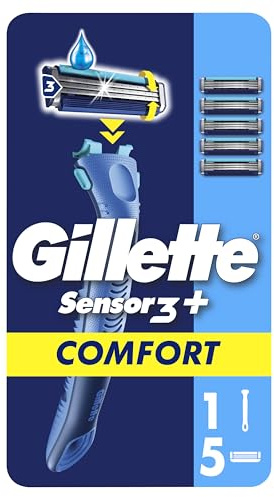 Gillette Sensor 3+ Comfort Men’s Refillable Razor with Ergonomic Handle + 5 Blade Refills with 40-Degree Pivot Heads & 3 Skin-Sensitive Blades
