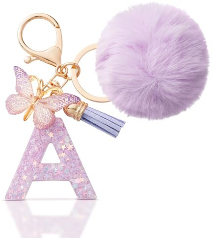 CHUQING Schlüsselanhänger Buchstabe Geschenke Mädchen mit Pompon | Schlüsselanhänger mit Buchstabe und Pompon, süßer Schmetterling Keychain als Geschenk für Mädchen und Damen