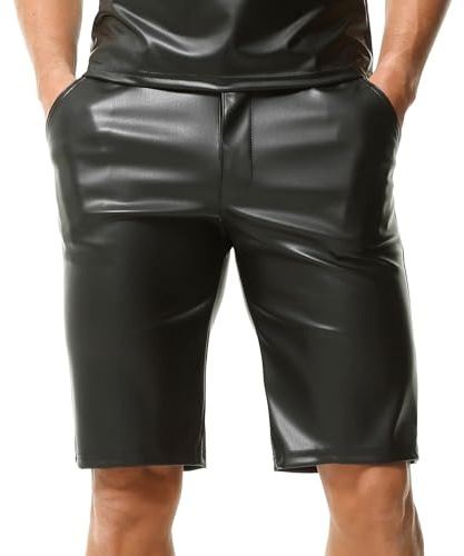 QiaTi Herren PU Leder Shorts Elastische Taille Männer Casual Shorts Reißverschluss Sexy Short Pants mit Taschen für Workout Club