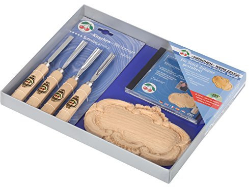 KIRSCHEN Werkzeuge 3435000 | Einsteiger-Kerbschnitzsatz „Türschild“, 6-teilig inkl. DVD-Anleitung & Rohling
