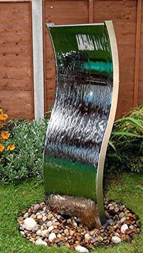 Primrose 180cm Curved Wall Vertical Wave Silver Stainless Steel Double Sided Water Feature with Plastic Reservoir
