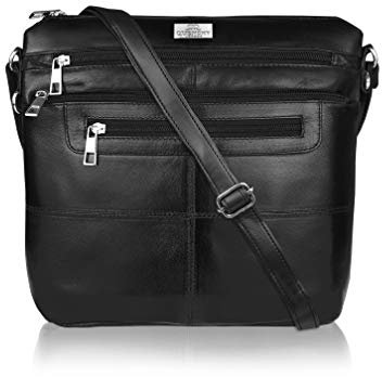 Quenchy London Damen Umhängetasche, Designer Handtasche Schultertasche aus weichem Leder mit Einzelriemen und 7 Taschen, Schwarz, H25 cm x B26 cm x T8 cm, QL922K