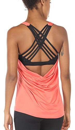 icyzone Damen Sport Tops mit Integriertem BH - 2 in 1 Yoga Gym Shirt Fitness Training Tanktop (M, Fusion Coral)