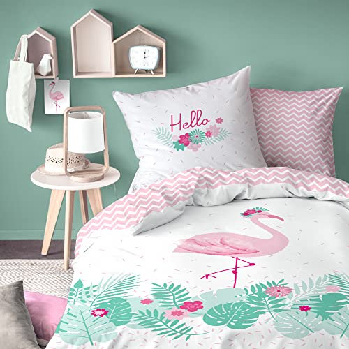 MATT & ROSE Parure de Lit Fille 140x200 cm Flamant Rose | 100% Coton | Oeko-Tex | Housse de Couette Enfant 140x200 cm + 1 Taie d'oreiller 63x63 cm Imprimées Réversibles | Blanc, Rose