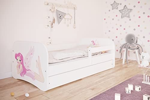 Bjird Kinderbett Jugendbett 70x140 80x160 80x180 Weiß mit Rausfallschutz Schublade und Lattenrost Kinderbetten für Mädchen und Junge - Fee mit Flügeln 160 cm