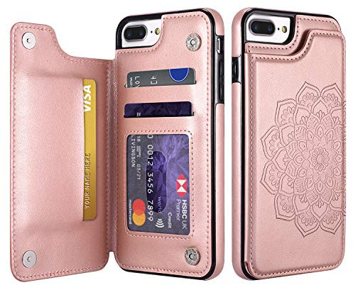 UEEBAI Case for iPhone 6 Plus iPhone 6S Plus,Luxury PU Leather Case [Two Magnetic Clasp] [Card Slots] Stand Function Embossed Mandala Pattern Half Flower Durable Soft TPU Back Wallet Cover -Rose Gold