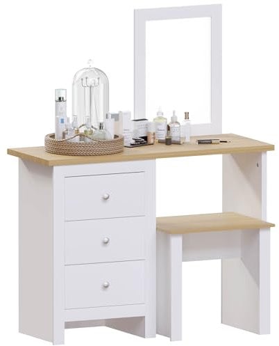 Vida Designs Arlington Dressing Table 3 Drawer Stool Mirror Vanity Set Bedroom Makeup White