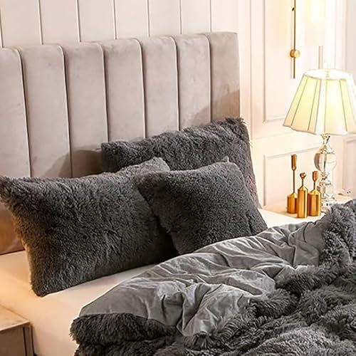 Michorinee 2er Set Flauschige Zierkissenbezüge 40 x 80 cm Grau Dekokissen Langhaar Kunstfell Zierkissen Dekorativ SofaKissenbezug Fellimitat Kissen Kissenbezug