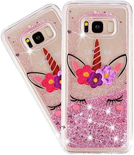 IMEIKONST Glitter Liquid Case for Galaxy S8, Sparkle Sequin Floating Shiny Quicksand Transparent Silicone TPU Shockproof Protective Bumper Cover for Samsung Galaxy S8 (Bling Eyelash Unicorn XY)