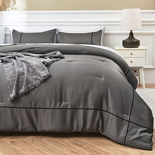 AIKASY Luxuriöses Bettwäsche-Set für King-Size-Bett in einer Tasche, 7-teilig, wendbar, weich, leicht, eleganter Komfort – seidig-weiches Bettwäsche-Set (King-Size-Bett, Dunkelgrau/Silbergrau)