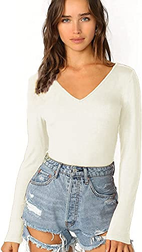 Women's Ladies Long Sleeve V Neck Basic Top Jersey Plain Stretchy Slim Fit Casual Wear T-Shirt Tee Tops 8-10 Cream