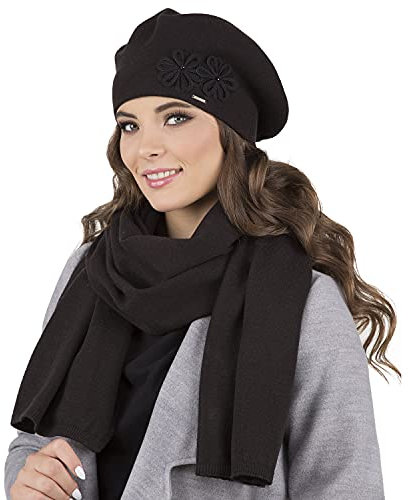 VIVISENCE Damen Baskenmütze Eleganter Wintermütze Und Schal Set Warm Kopfbedeckung Und Halsbedeckung An Winter Und Herbst Warm Dick, Winterset Für Frauen, Hergestellt In EU, Schwarz