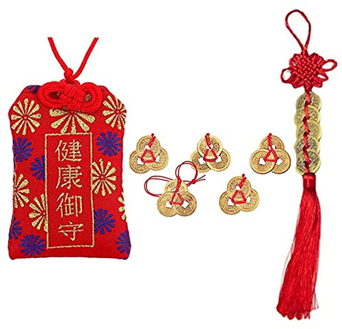 XHBTS Amulette japonaise Omamori porte-bonheur à suspendre Sachet de 5 pièces chinoises Feng Shui et pièces Feng Shui chinoises Décoration d'intérieur Bureau Décoration de bureau Cinq empereurs Argent