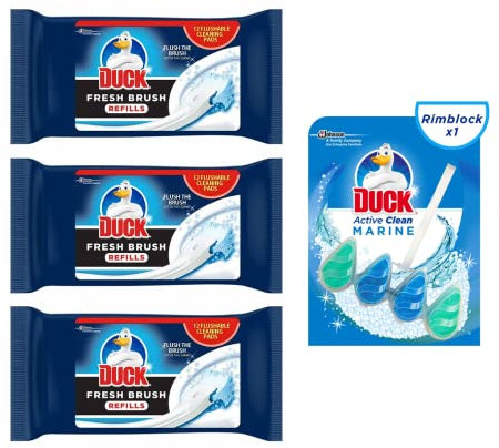 3 Packs of Duck Fresh Brush Refill (3 X 12 Flushable Cleaning Pads) with Duck Active Clean Rim Block