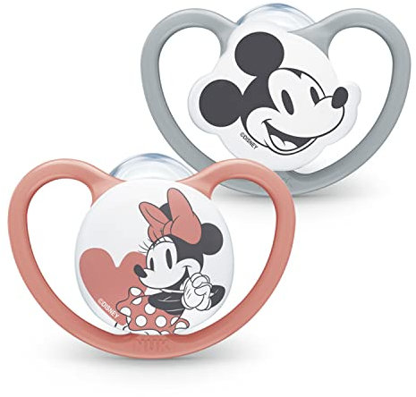 NUK Space Schnuller | 18-36 Monate | Schnuller mit extra großen Lüftungsöffnungen | BPA-freies Silikon | Disney Mickey und Minnie Maus, grau/rosa | 2 Einheiten