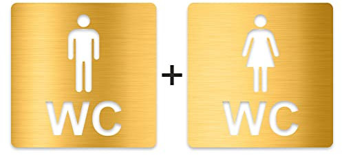 3D WC Schild, Metall-Optik, Hochglanz/Matt, selbstklebend, Damen, Herren, Türschild, Hinweisschild, Toilette, Acryl/Holz (Set, Gold (gebürstet))
