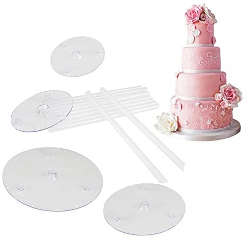 4 étages Planches à Gâteaux, Base de Gâteau (9/12/16/20cm), et 12 Goujons Dowels pour Gâteau, Réutilisable pour Les Gâteaux Empilés à Plusieurs Niveaux, pour Mariage, Fête