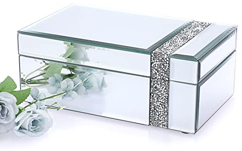 ELLDOO Boîte à bijoux en verre miroir avec bande de diamants écrasés - Boîte à bijoux de luxe - Boîte à bijoux décorative - Boîte à souvenirs pour femmes et filles